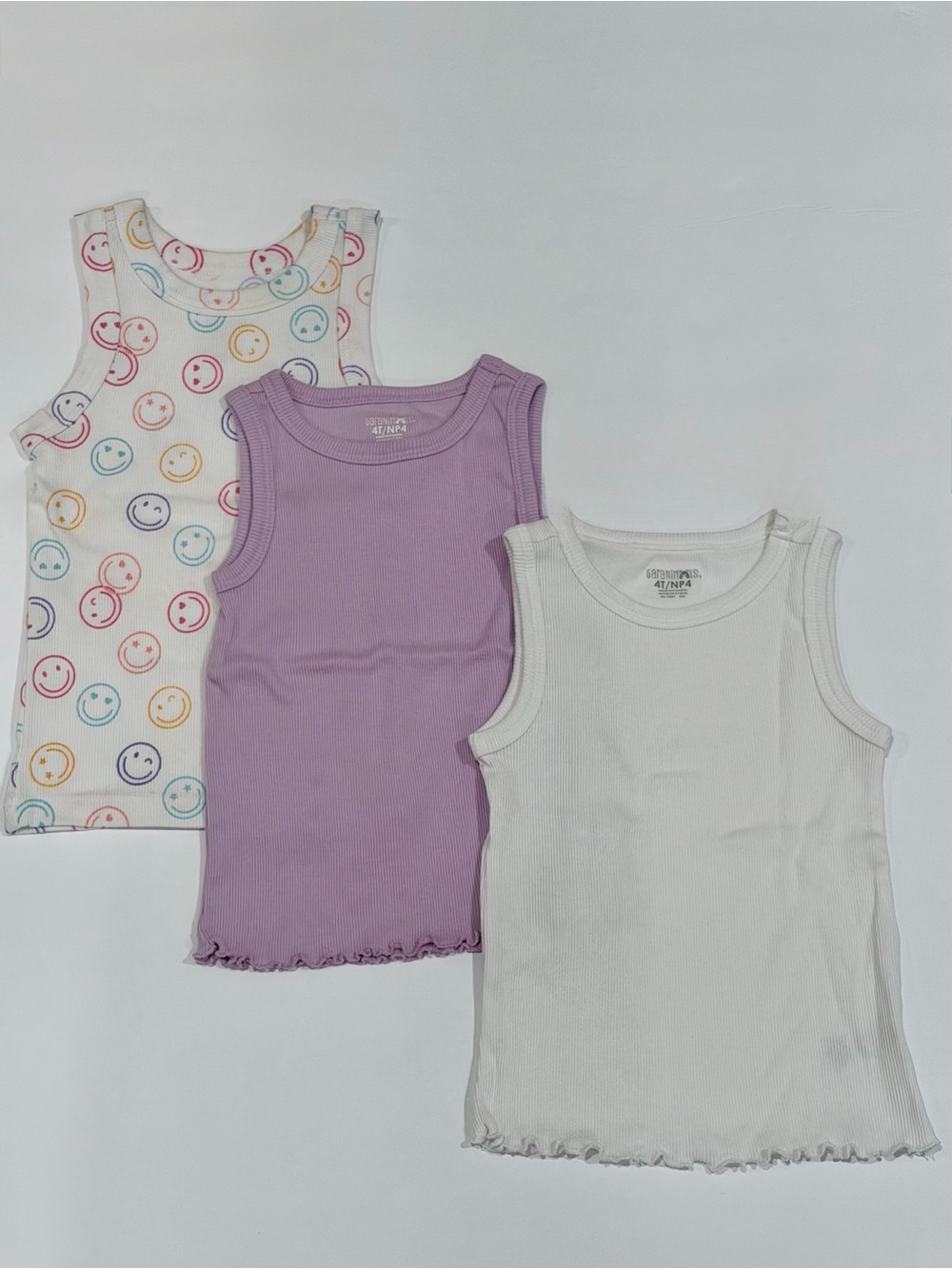 3 Pack Bundle Girls Ribbed Sleevless Tank Tops - White, Lavender & Smiley Print